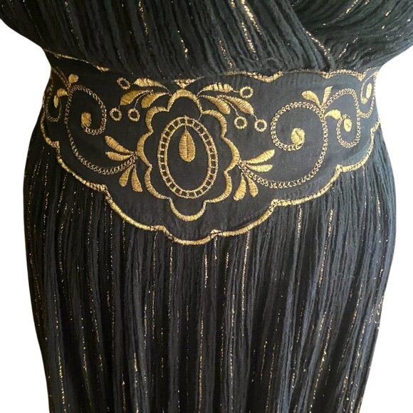 Vintage black and gold metallic Goddess sun dress, cotton, gauzy, long - Picture 3 of 15